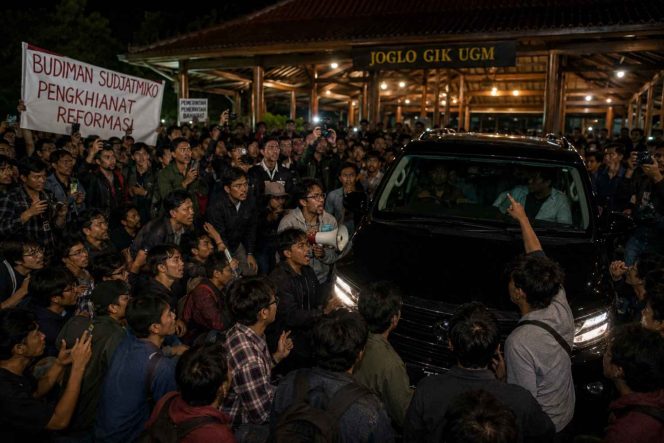 
Diskusi di UGM Ricuh, Mahasiswa Geruduk Acara dan Hadang Kendaraan Pejabat