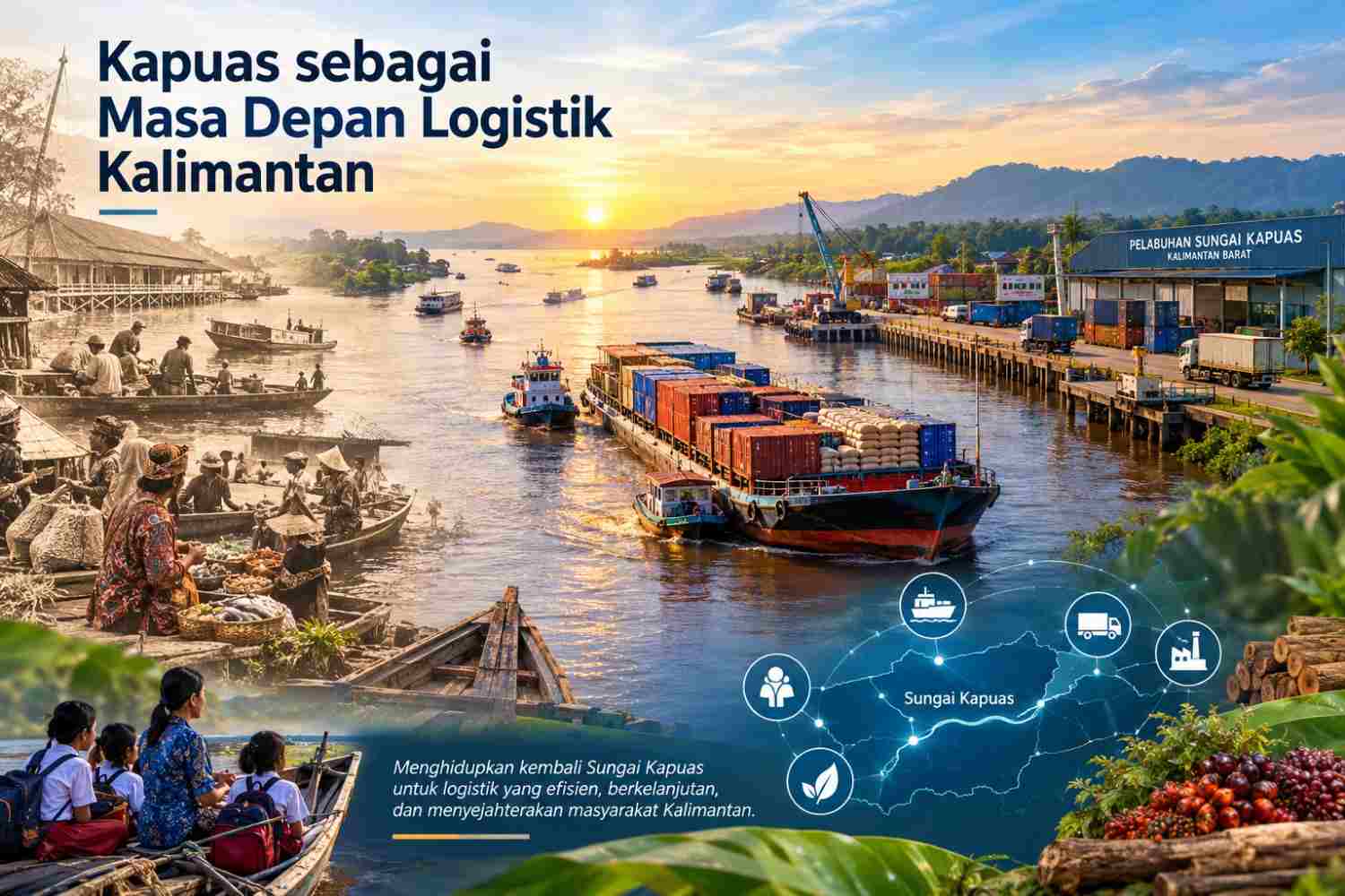 Ilustrasi AI: Visualisasi potensi Sungai Kapuas sebagai jalur logistik masa depan Kalimantan.