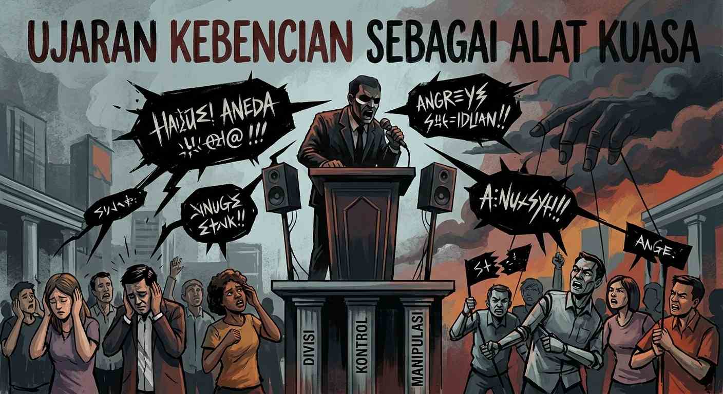 Ilustrasi ujaran kebencian dan polarisasi politik di media sosial. (Gambar dibuat menggunakan AI)
