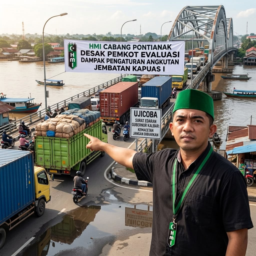 Ilustrasi AI pengaturan lalu lintas di kawasan Jembatan Kapuas I, Pontianak, di tengah sorotan HMI Cabang Pontianak terhadap potensi kemacetan dan keselamatan pengguna jalan.